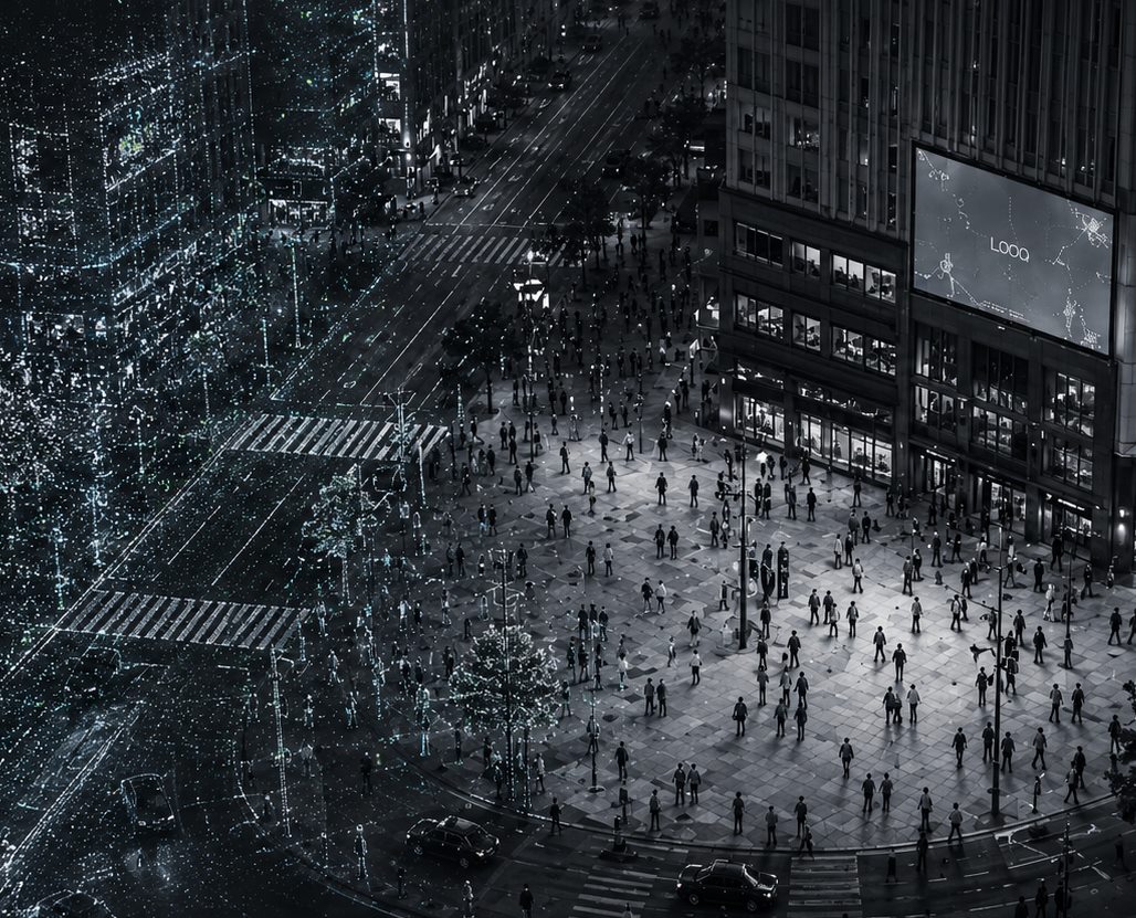 LOOQ measurement layer visualized over a city intersection and public display